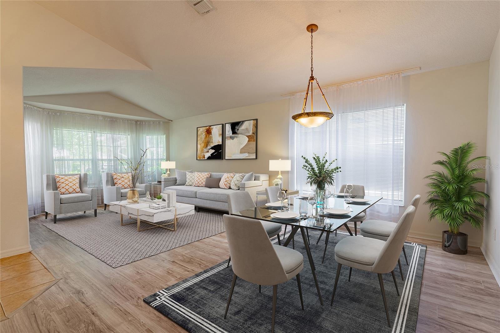 living and dining room with modern decor and open space